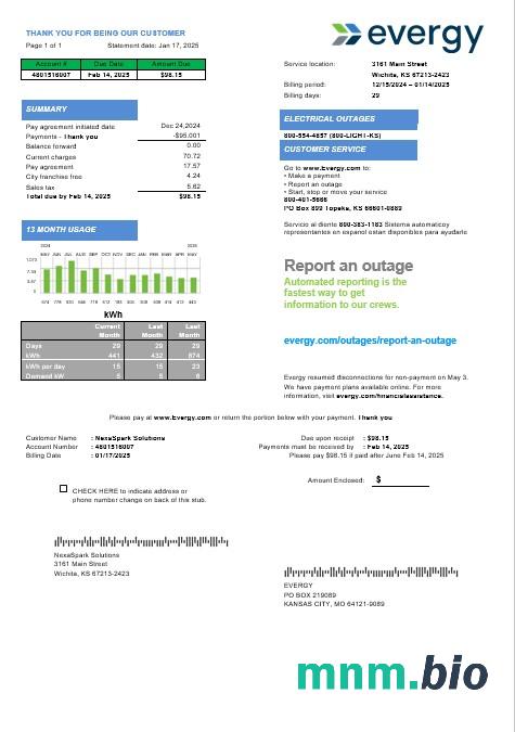 USA Missouri Evergy energii elektrycznej rachunek za usługi komunalne szablon w .doc i .formaty pdf